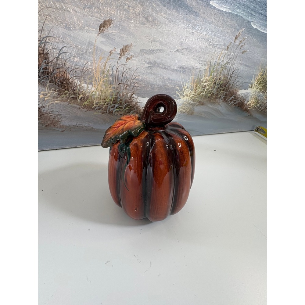 Glazed Ceramic Pumpkin Figurine Brown Orange Fall Harvest Autumn Decor 5.5 Inch
